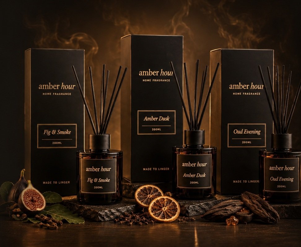 Amber Hour diffuser sets in Fig & Smoke, Amber Dusk and Oud Evening
