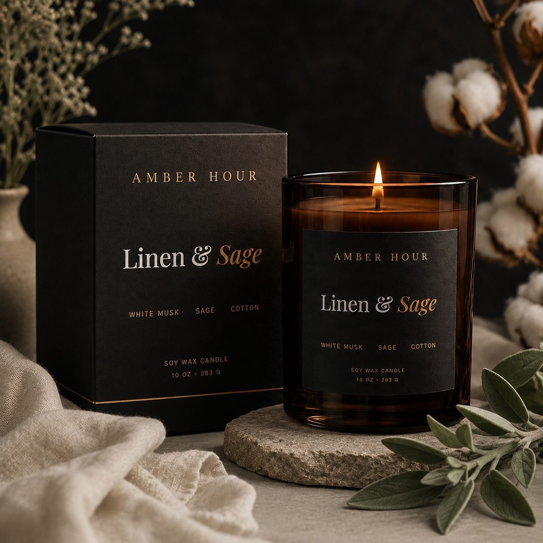Amber Hour Linen & Sage candle